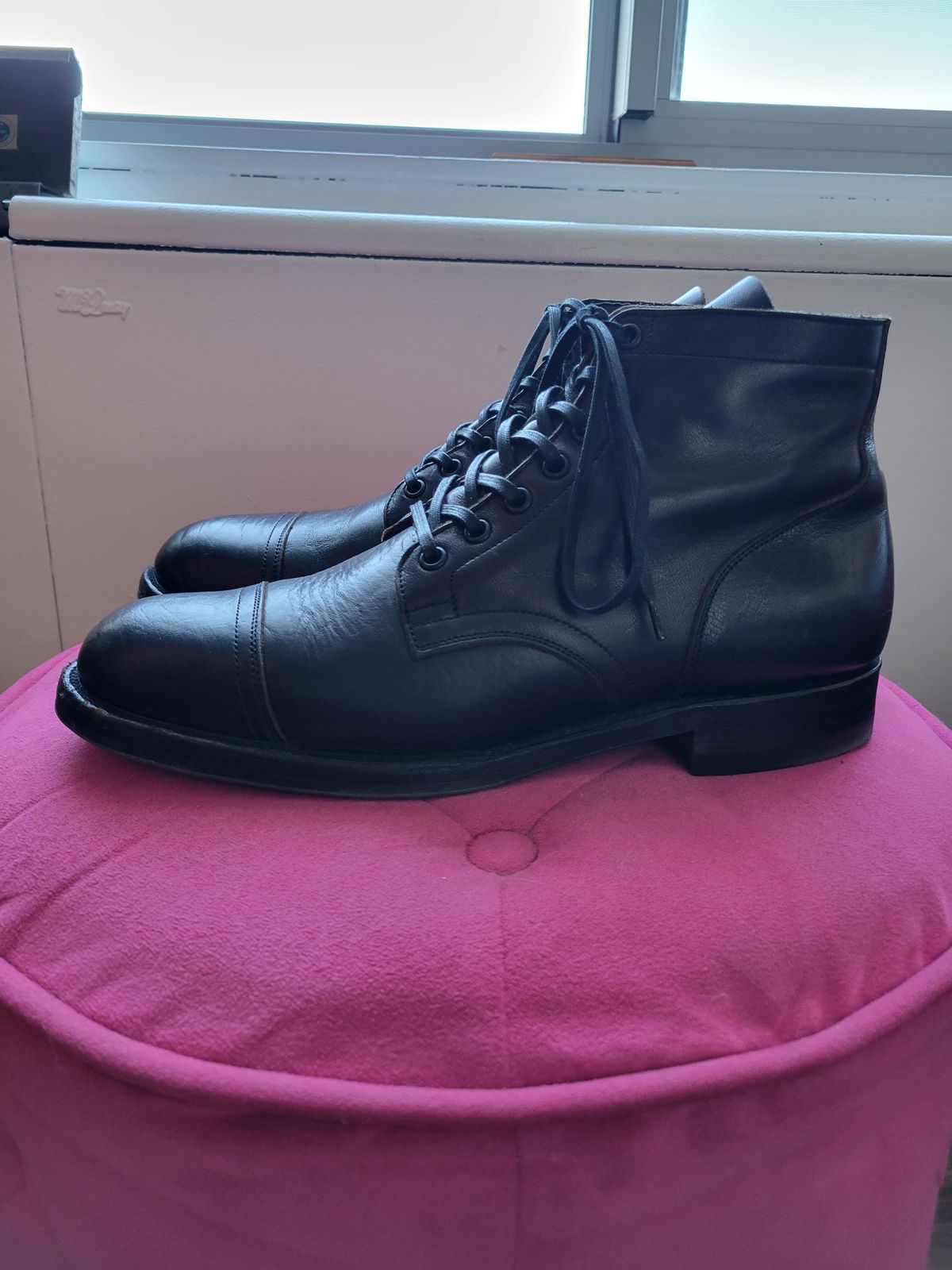 Photo by CrizzleLovesNaps on February 1, 2023 of the Viberg Service Boot in Shinki Black Latigo Teacore Horsehide.