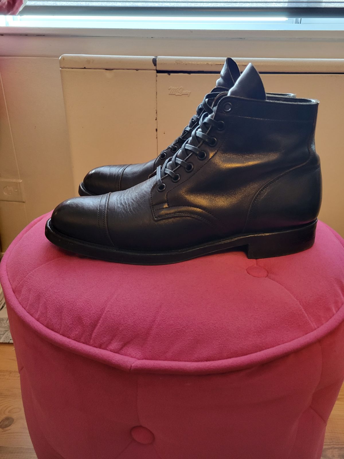 Photo by CrizzleLovesNaps on March 1, 2023 of the Viberg Service Boot in Shinki Black Latigo Teacore Horsehide.