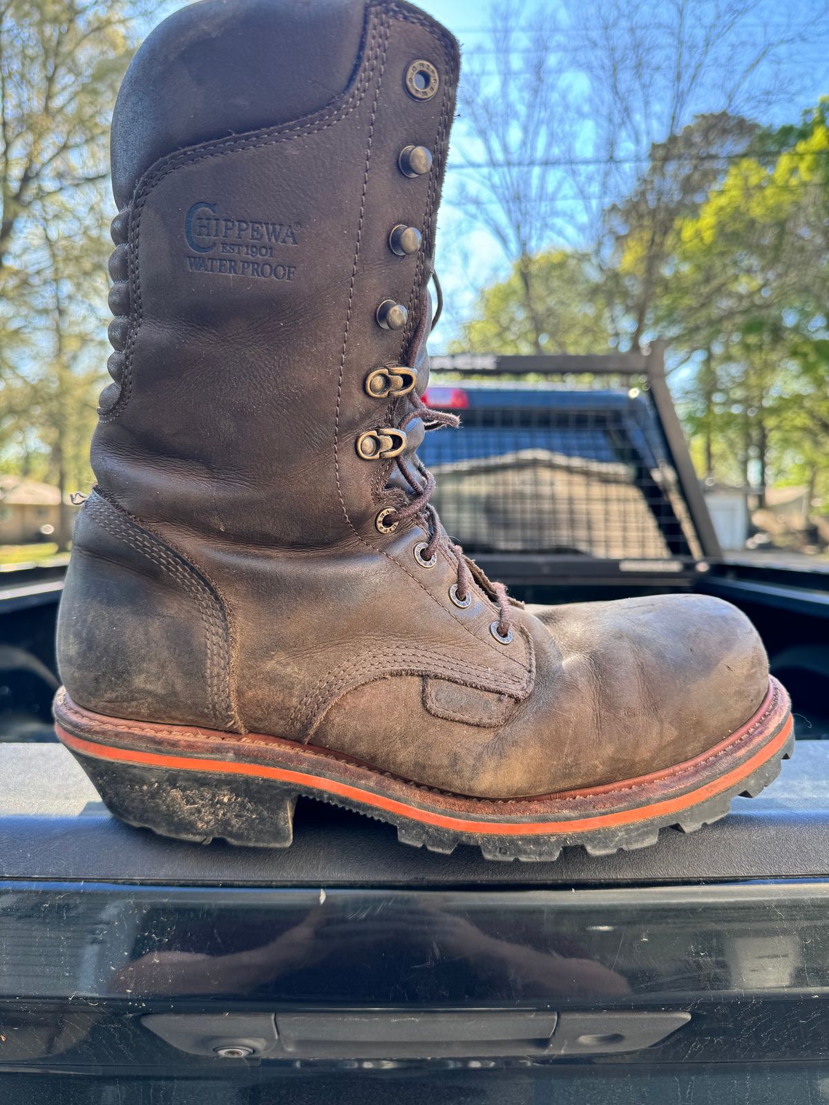 Photo by HensleyBrandon on April 2, 2024 of the Chippewa Thunderstruck 10" Logger in Brunette Waterproof Full Grain.