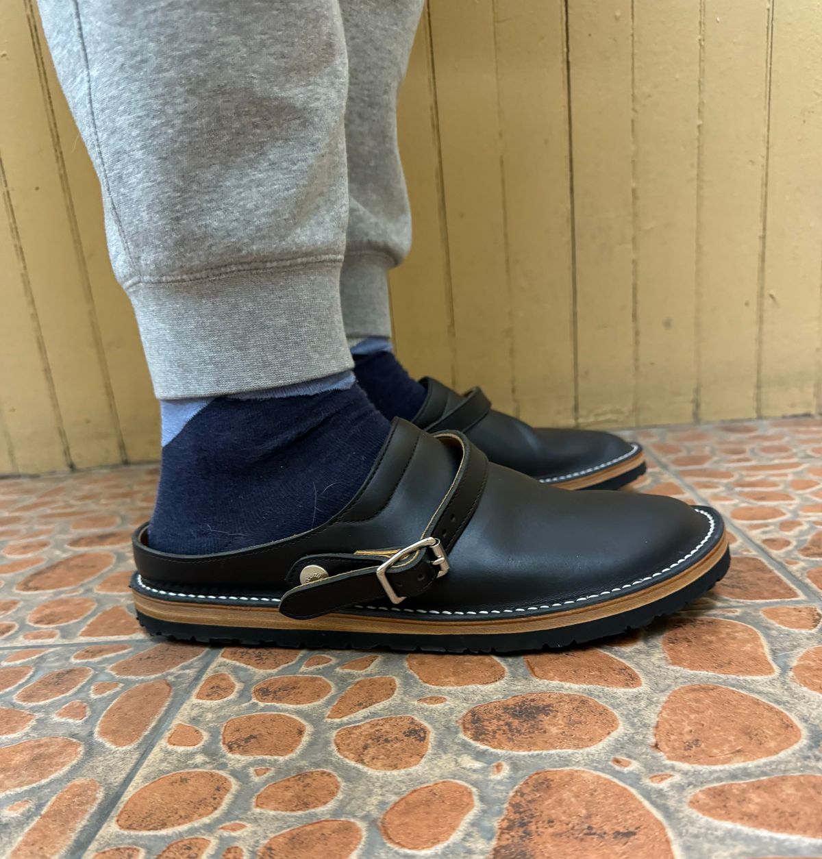 Photo by mister_stantastic on October 9, 2023 of the Zerrows Sabot Sandal in Horween Black Chromexcel.