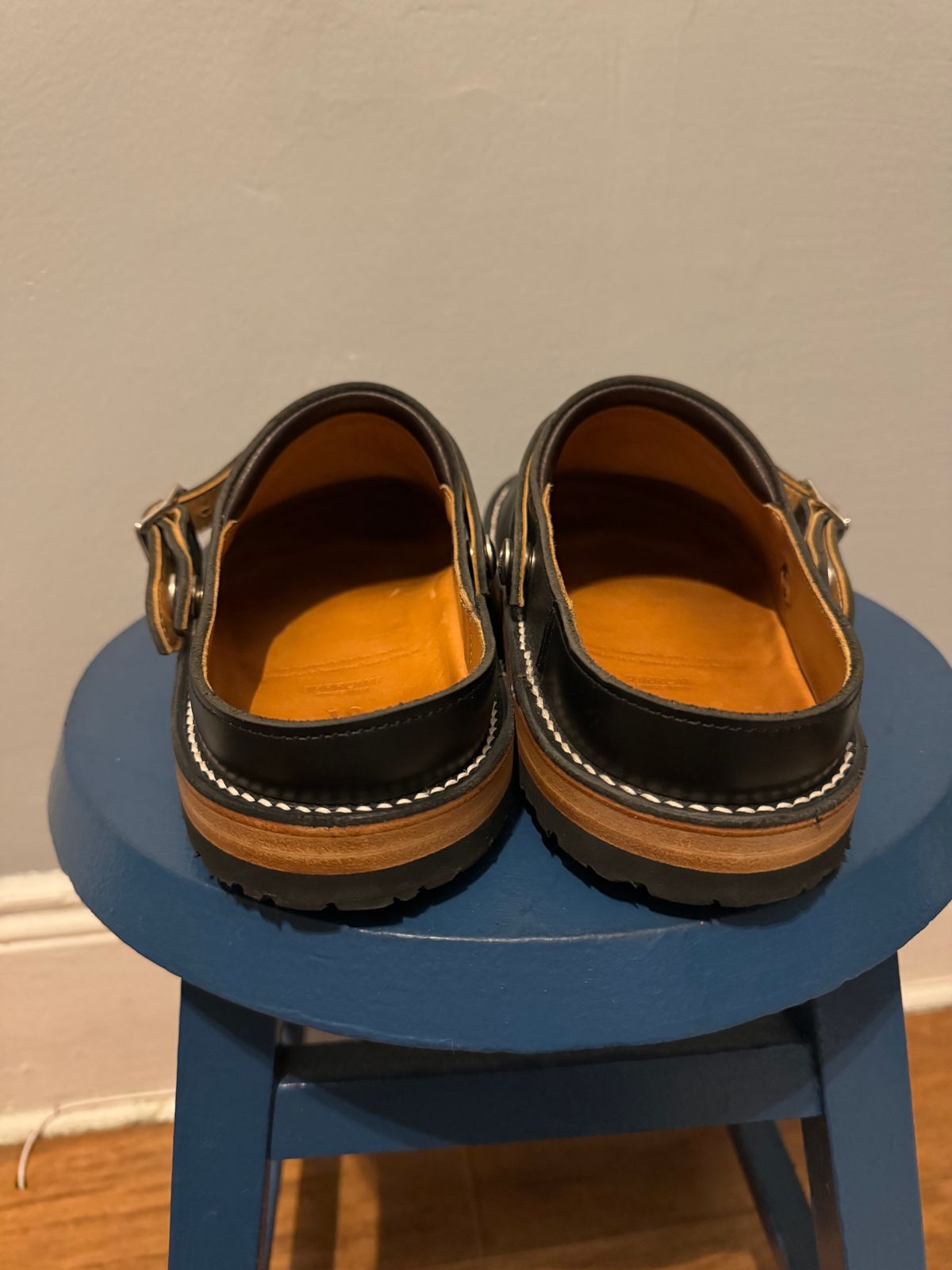 Photo by mister_stantastic on October 9, 2023 of the Zerrows Sabot Sandal in Horween Black Chromexcel.