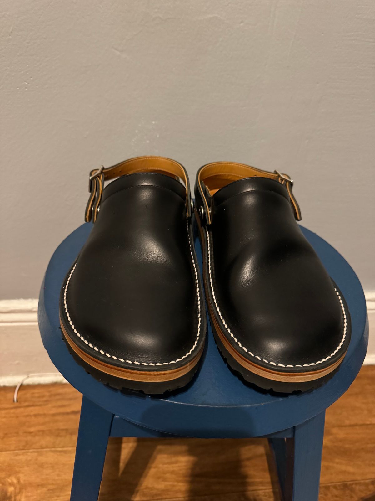 Photo by mister_stantastic on October 9, 2023 of the Zerrows Sabot Sandal in Horween Black Chromexcel.