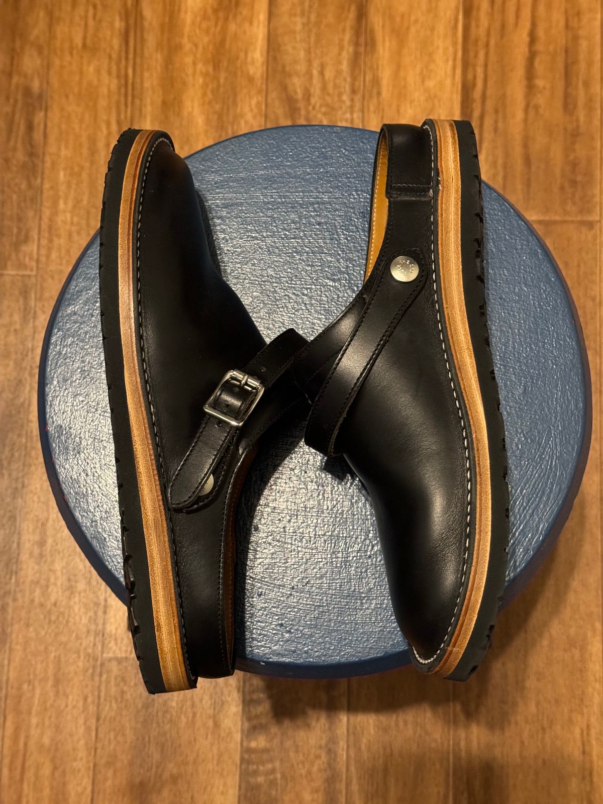 Photo by mister_stantastic on October 9, 2023 of the Zerrows Sabot Sandal in Horween Black Chromexcel.