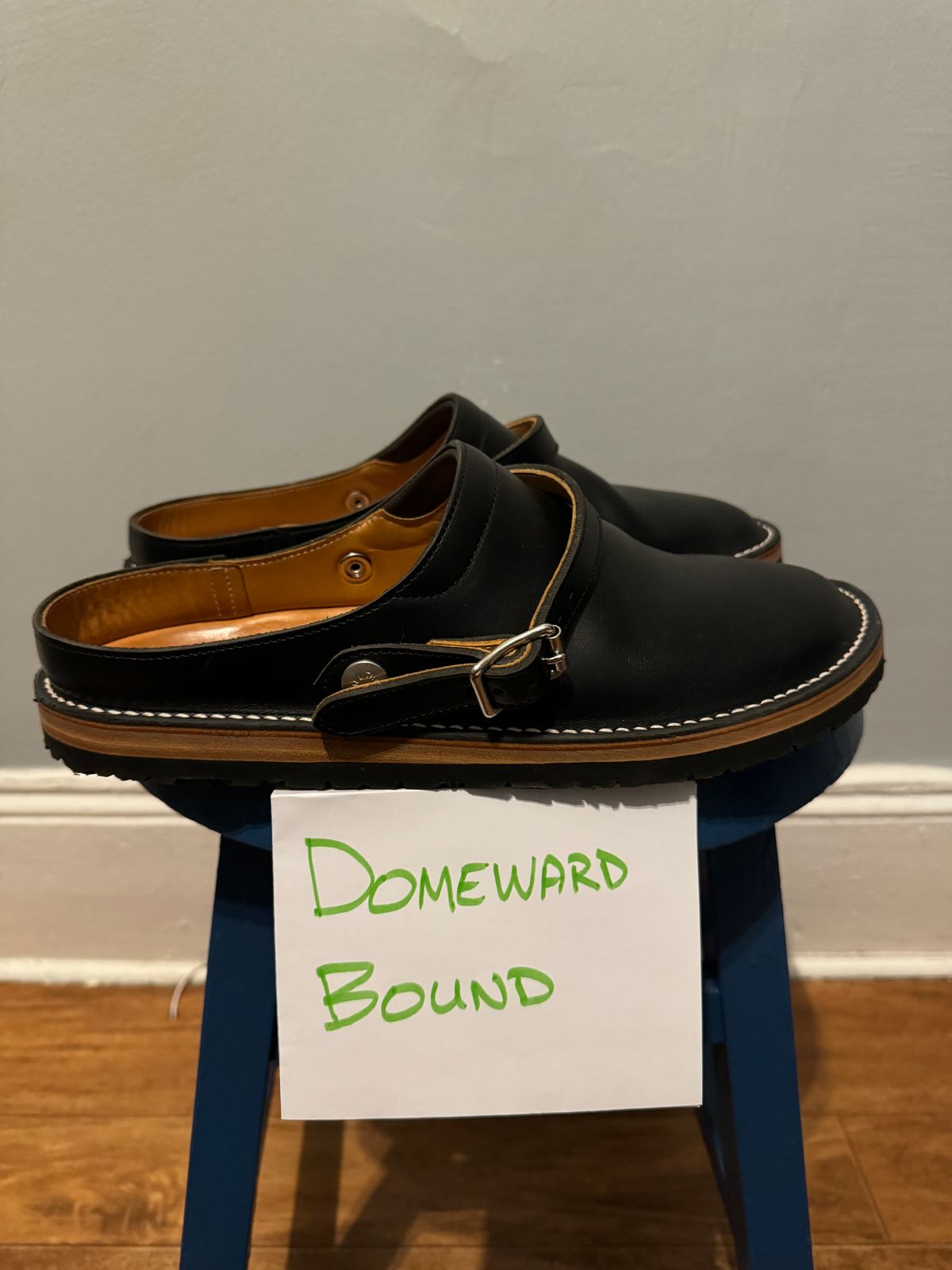 Photo by mister_stantastic on October 9, 2023 of the Zerrows Sabot Sandal in Horween Black Chromexcel.