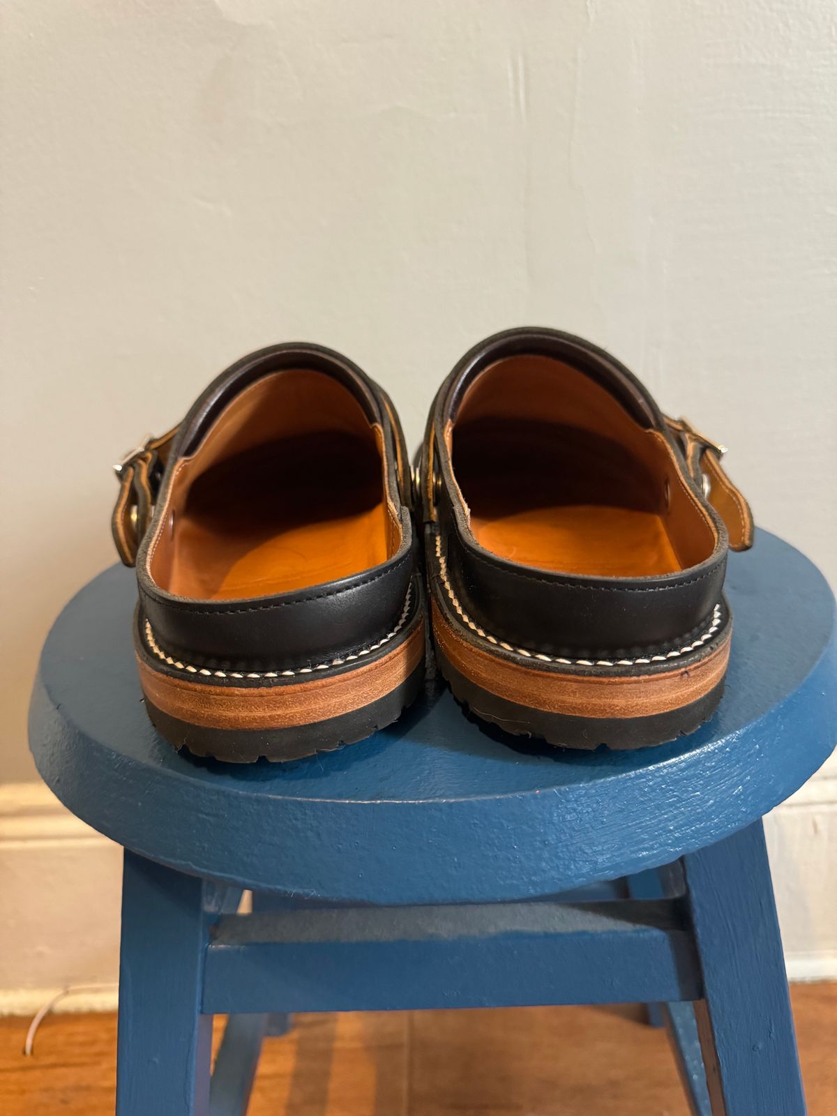 Photo by mister_stantastic on November 3, 2023 of the Zerrows Sabot Sandal in Horween Black Chromexcel.