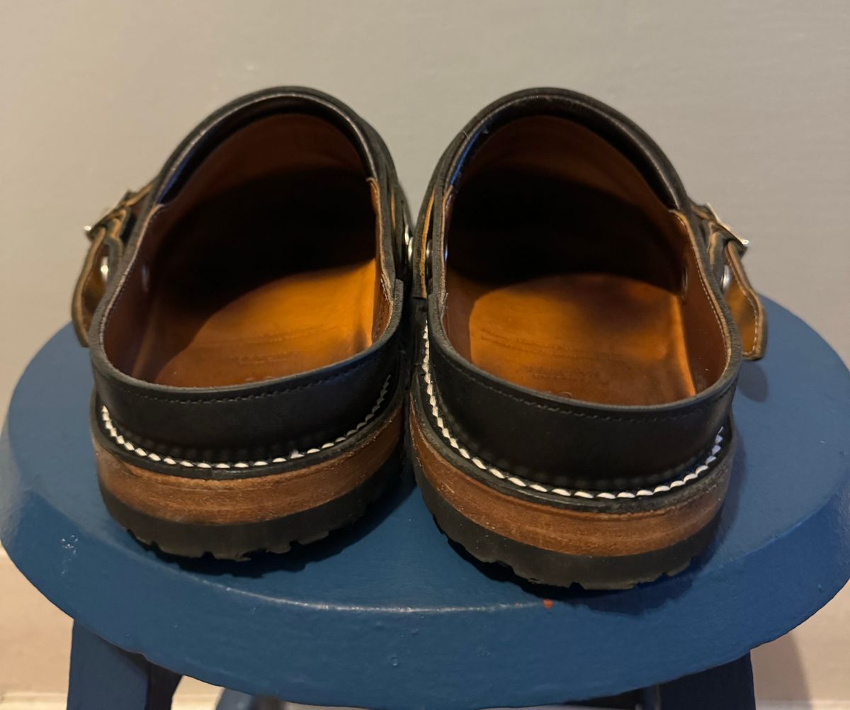 Photo by mister_stantastic on February 6, 2024 of the Zerrows Sabot Sandal in Horween Black Chromexcel.