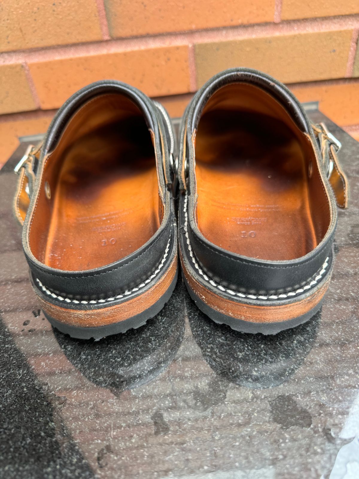 Photo by mister_stantastic on April 1, 2024 of the Zerrows Sabot Sandal in Horween Black Chromexcel.
