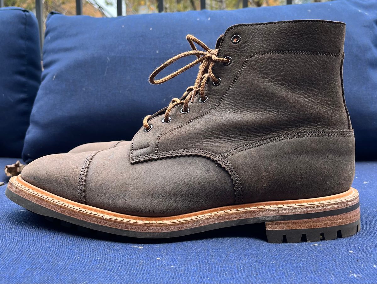 Photo by raw_indighoul on November 3, 2023 of the Tricker's x Division Road Dean Boot in C.F. Stead Bronze Unicorn Elk.