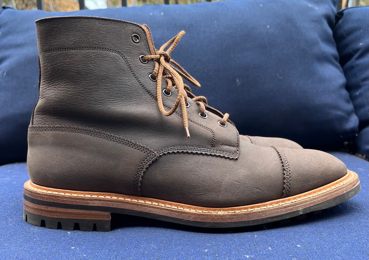 Photo by raw_indighoul on November 3, 2023 of the Tricker's x Division Road Dean Boot in C.F. Stead Bronze Unicorn Elk.