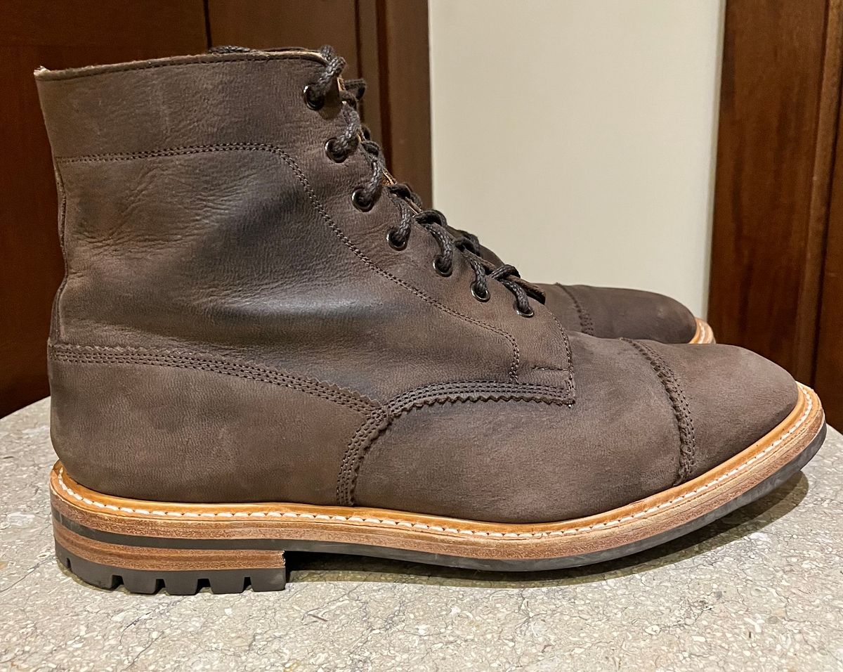 Photo by raw_indighoul on February 6, 2024 of the Tricker's x Division Road Dean Boot in C.F. Stead Bronze Unicorn Elk.