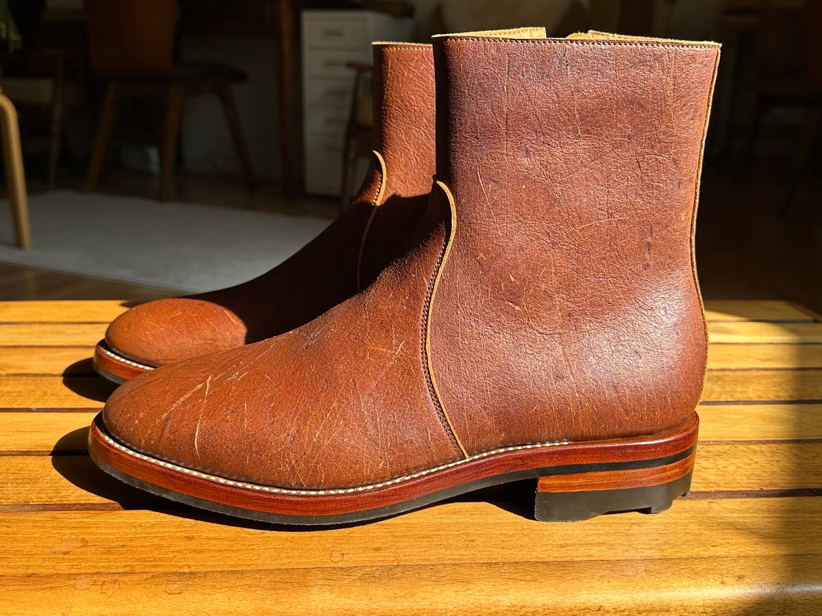 Photo by old_walrus on October 1, 2023 of the Briselblack The Stride Side Zip Boots in C.F. Stead Dragon's Blood Kudu.