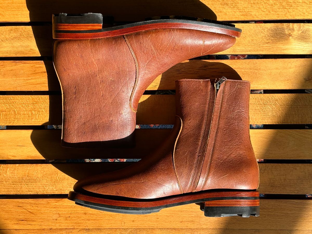 Photo by old_walrus on October 1, 2023 of the Briselblack The Stride Side Zip Boots in C.F. Stead Dragon's Blood Kudu.