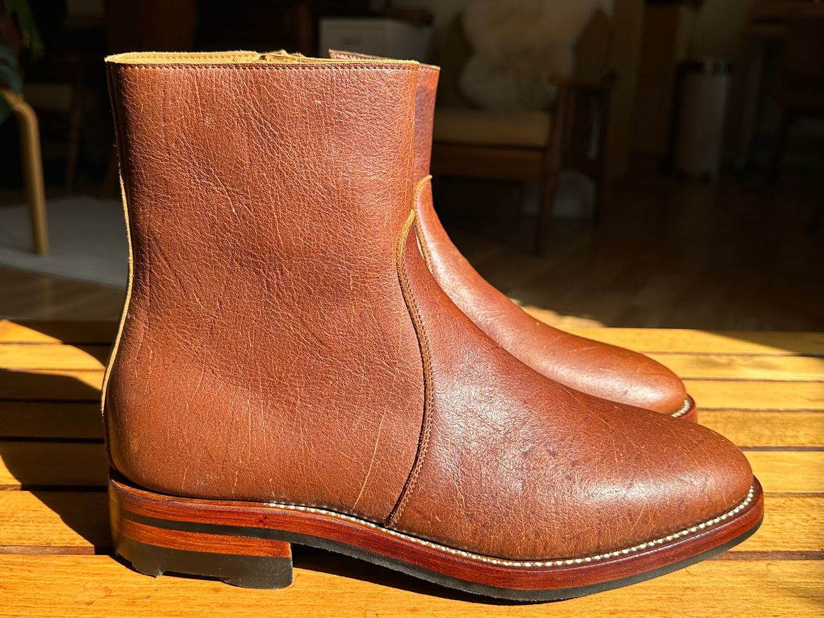 Photo by old_walrus on October 1, 2023 of the Briselblack The Stride Side Zip Boots in C.F. Stead Dragon's Blood Kudu.