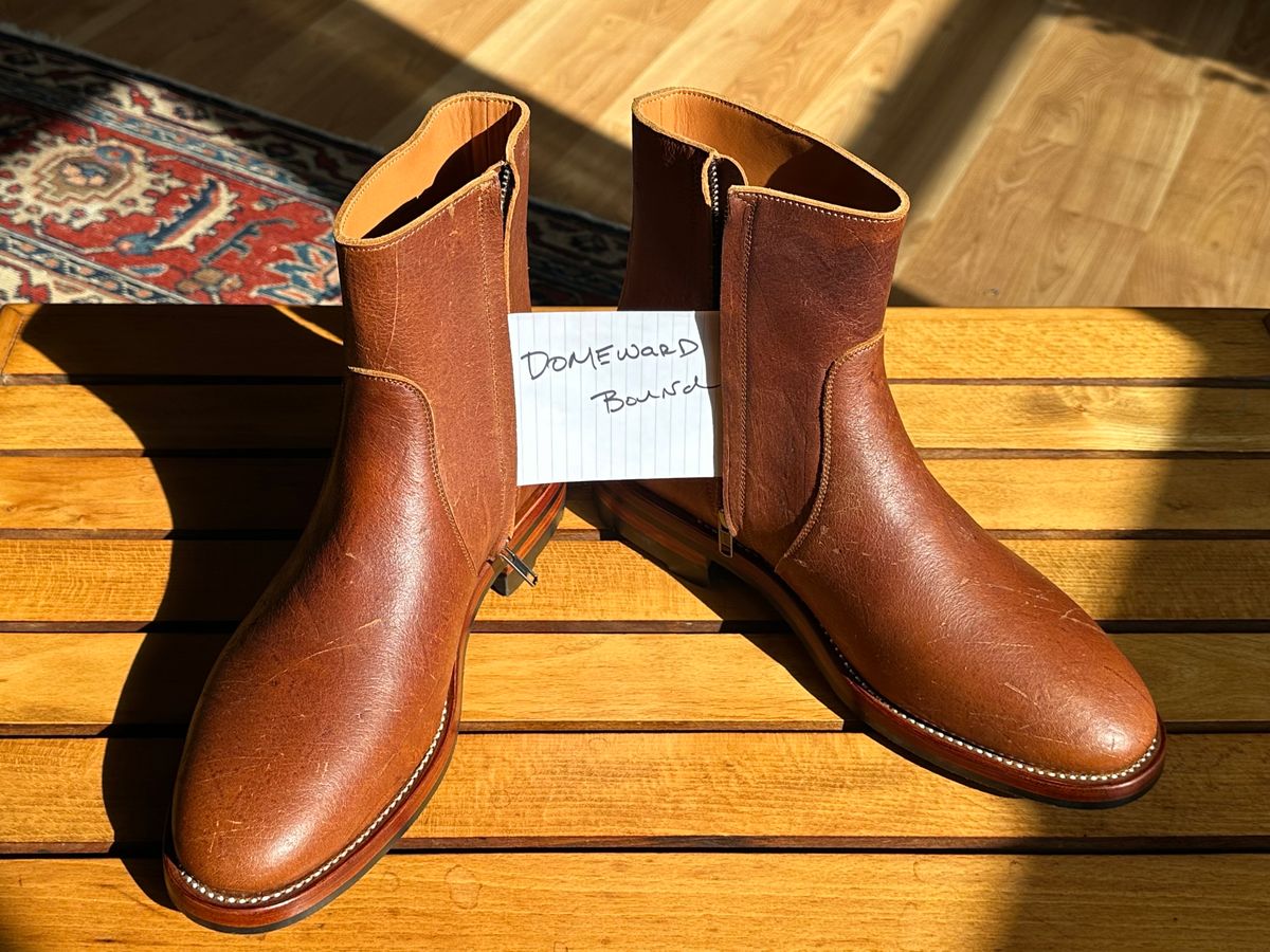 Photo by old_walrus on October 1, 2023 of the Briselblack The Stride Side Zip Boots in C.F. Stead Dragon's Blood Kudu.