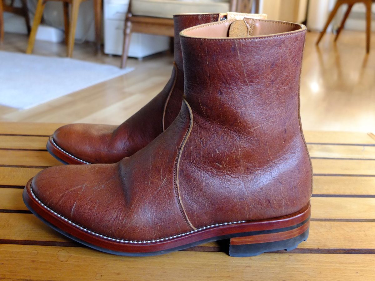 Photo by old_walrus on November 3, 2023 of the Briselblack The Stride Side Zip Boots in C.F. Stead Dragon's Blood Kudu.