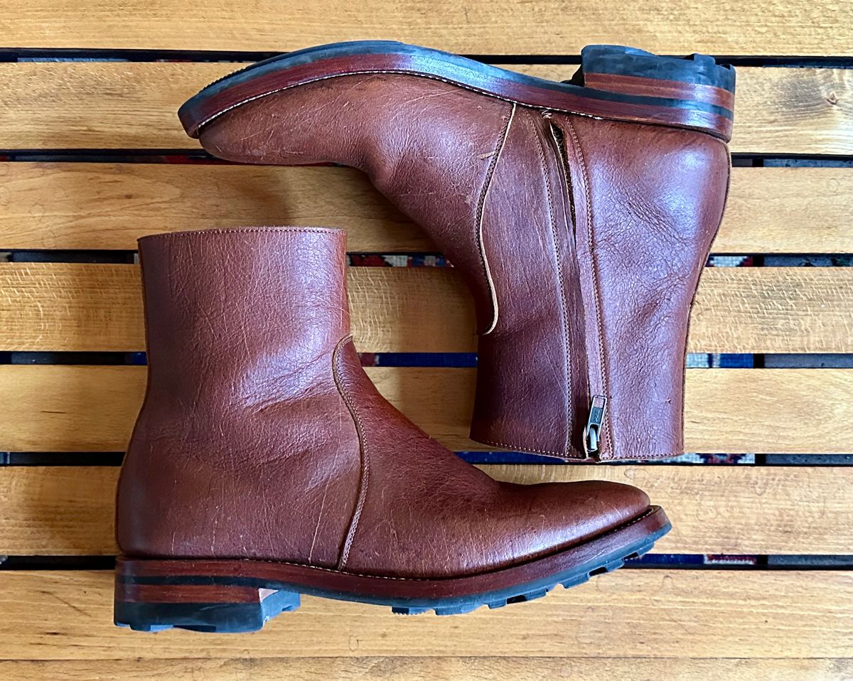 Photo by old_walrus on January 6, 2024 of the Briselblack The Stride Side Zip Boots in C.F. Stead Dragon's Blood Kudu.