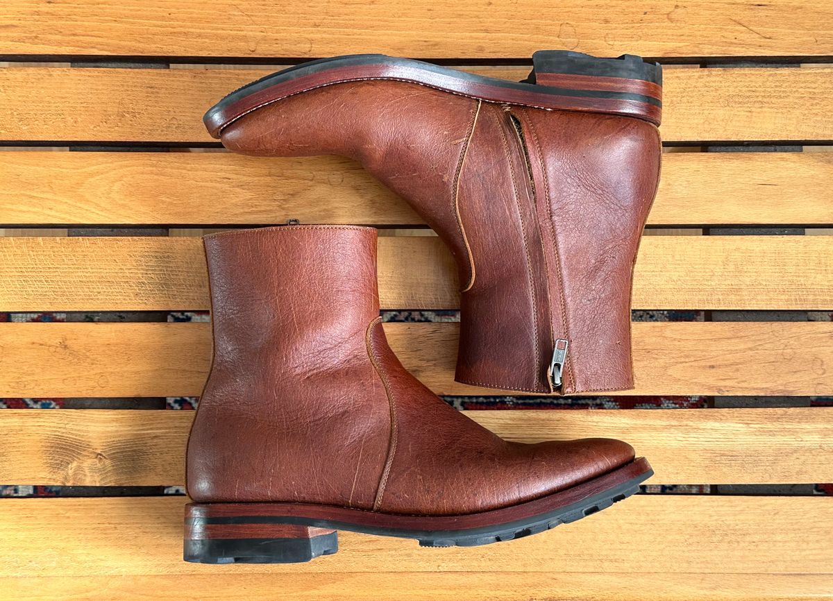 Photo by old_walrus on February 3, 2024 of the Briselblack The Stride Side Zip Boots in C.F. Stead Dragon's Blood Kudu.