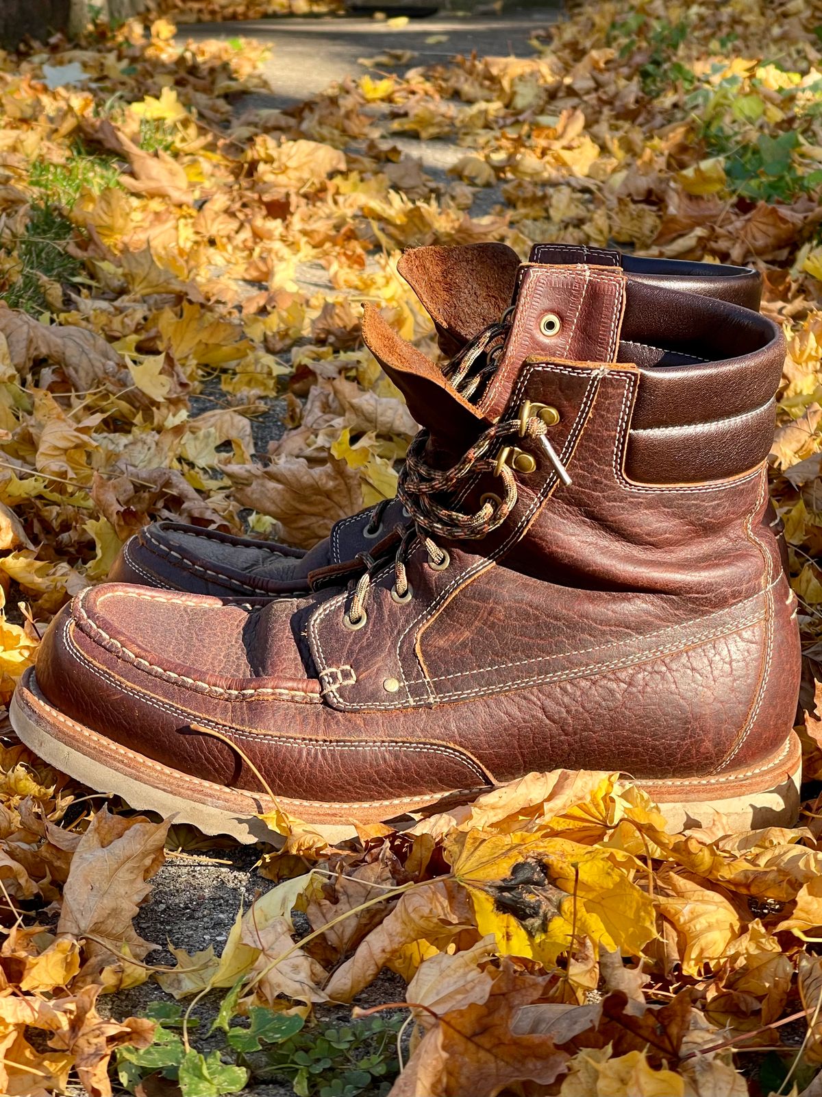 Photo by bootsandblocks on November 3, 2022 of the Grant Stone Field Boot in Seidel Walnut Bison.