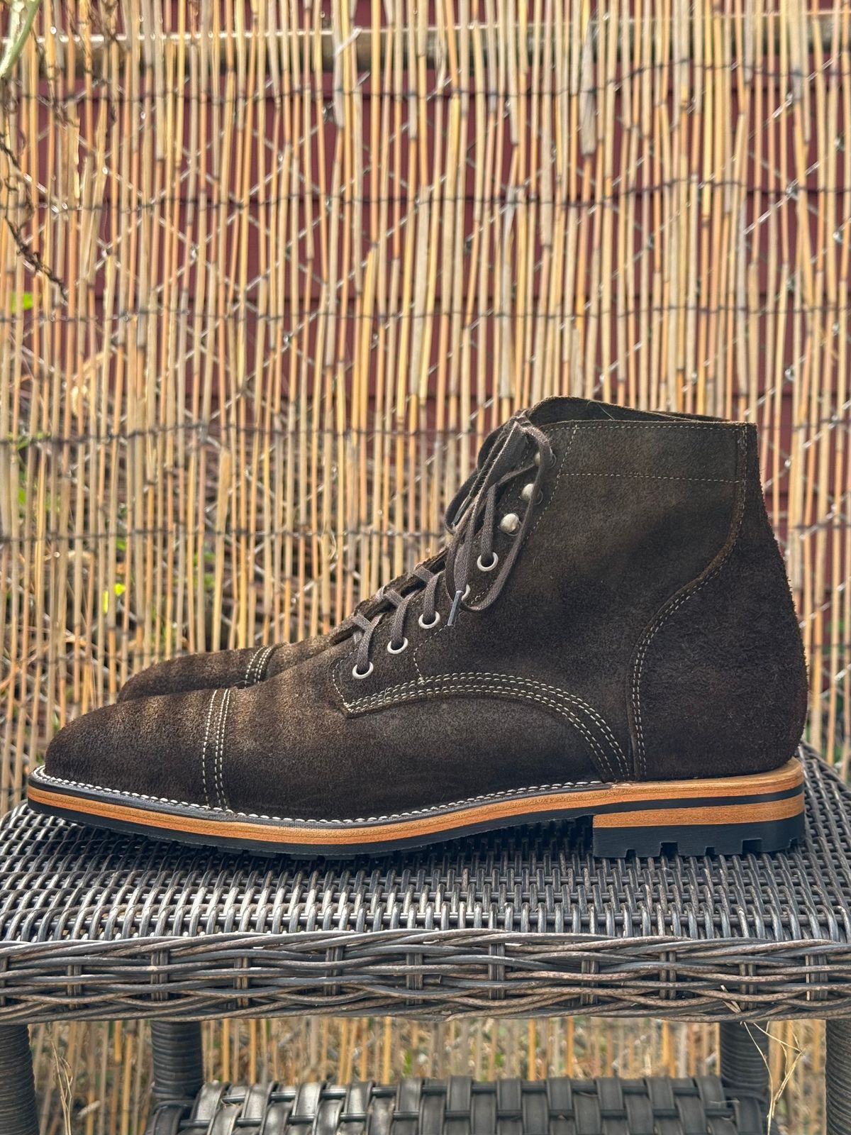 Photo by bootsandblocks on October 1, 2025 of the Parkhurst The Richmond Stitchdown in Dark Olive Waxed Roughout.