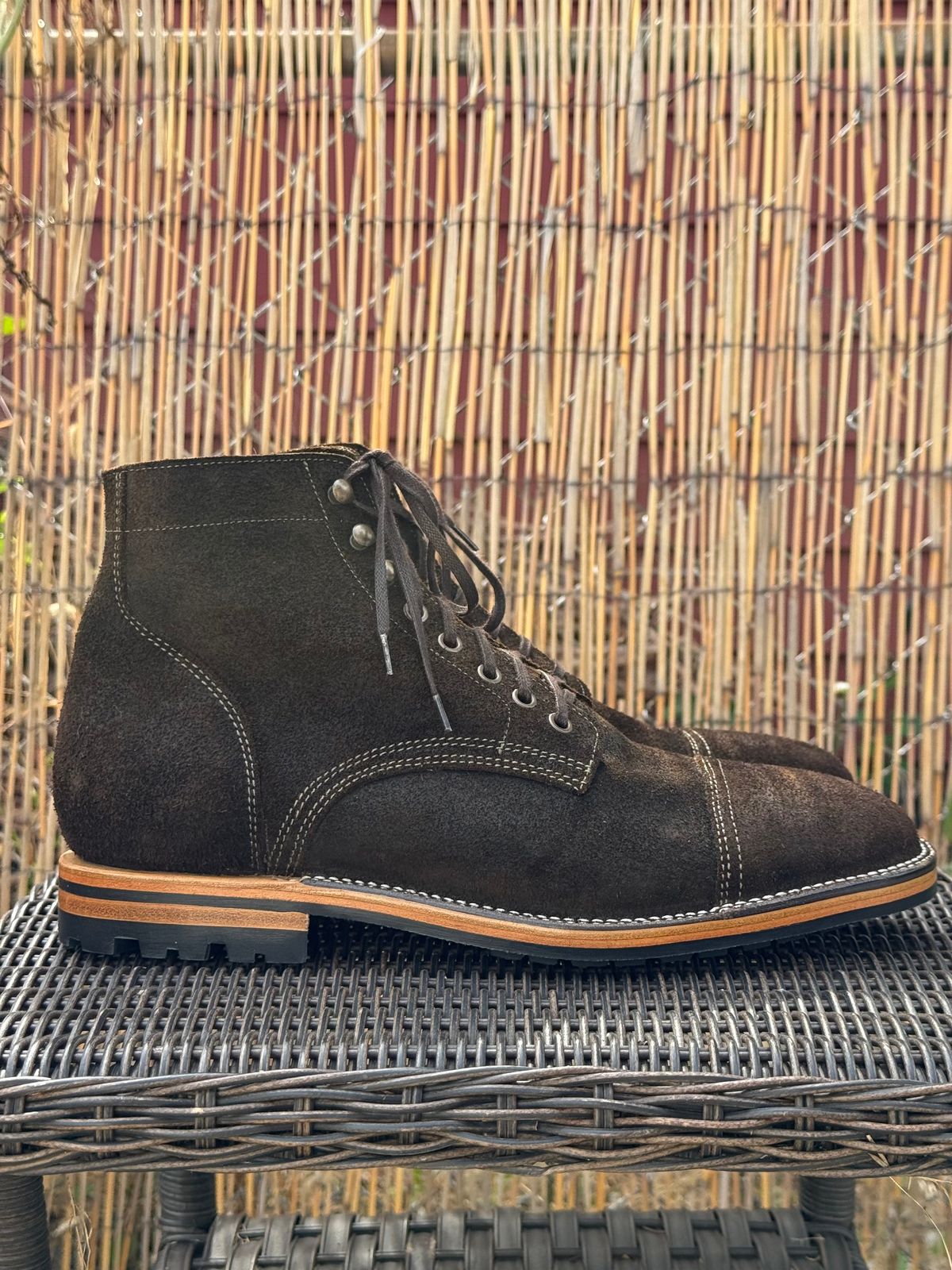 Photo by bootsandblocks on October 1, 2025 of the Parkhurst The Richmond Stitchdown in Dark Olive Waxed Roughout.