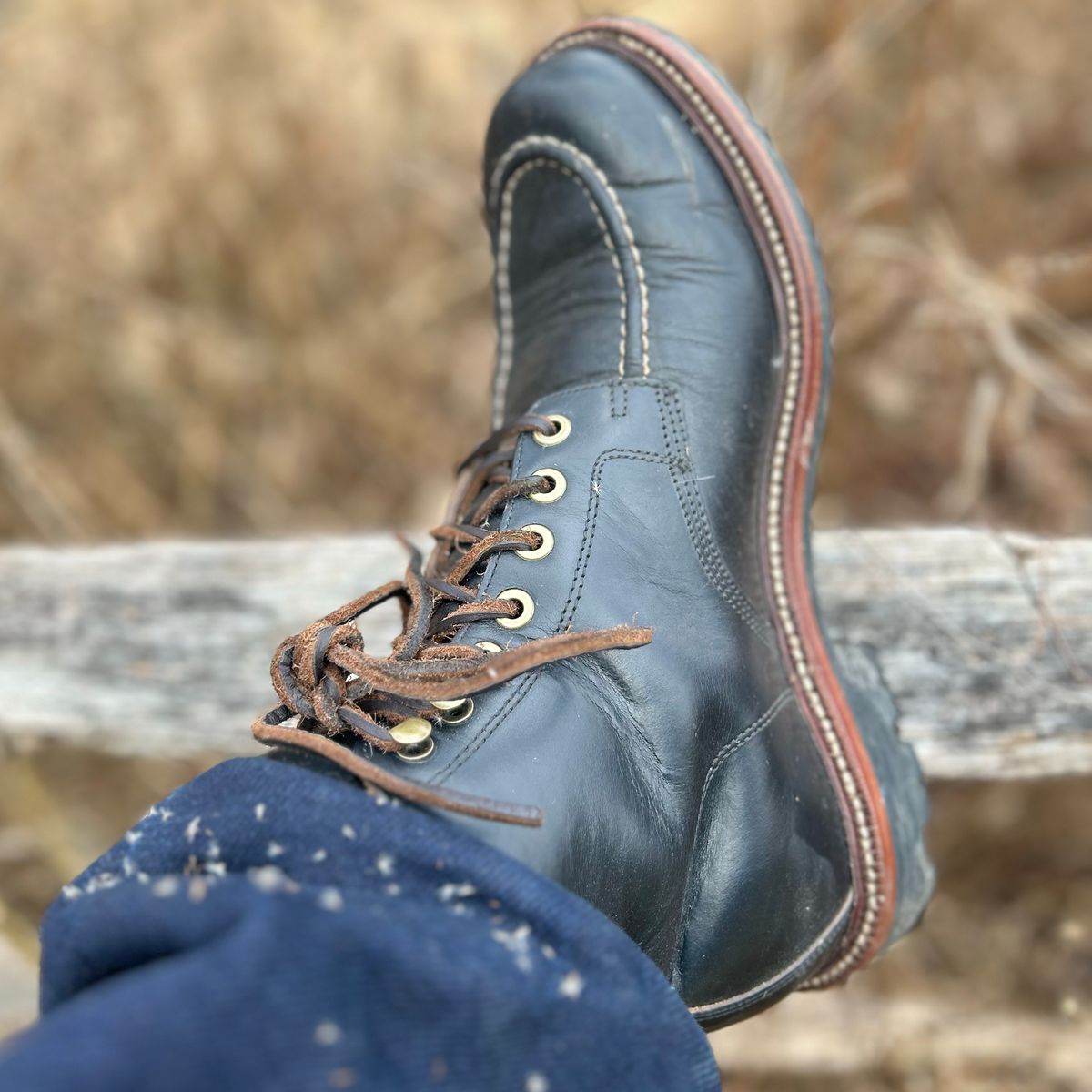 Photo by ezroller on January 14, 2024 of the Grant Stone Brass Boot in Horween Black Chromexcel.