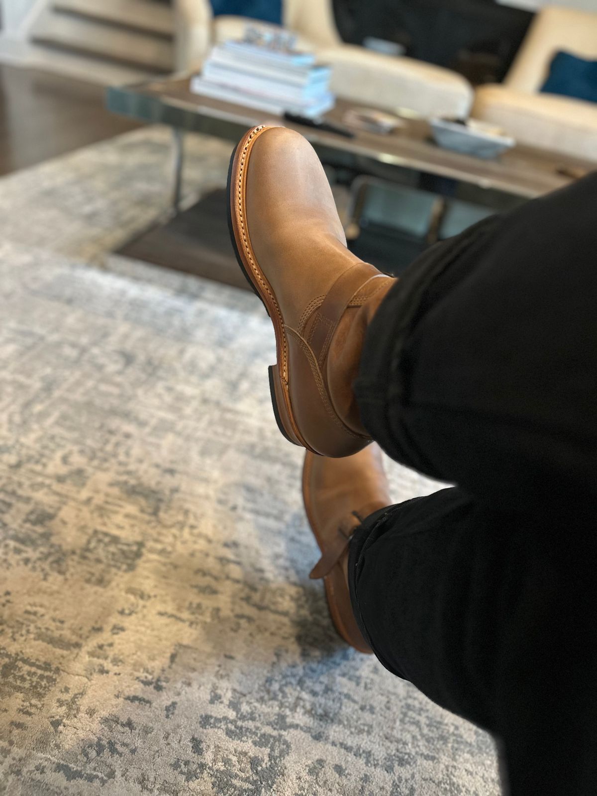 Photo by northsouthdenimguy on February 6, 2026 of the John Lofgren Wabash Engineer Boots in Horween Natural Chromexcel.