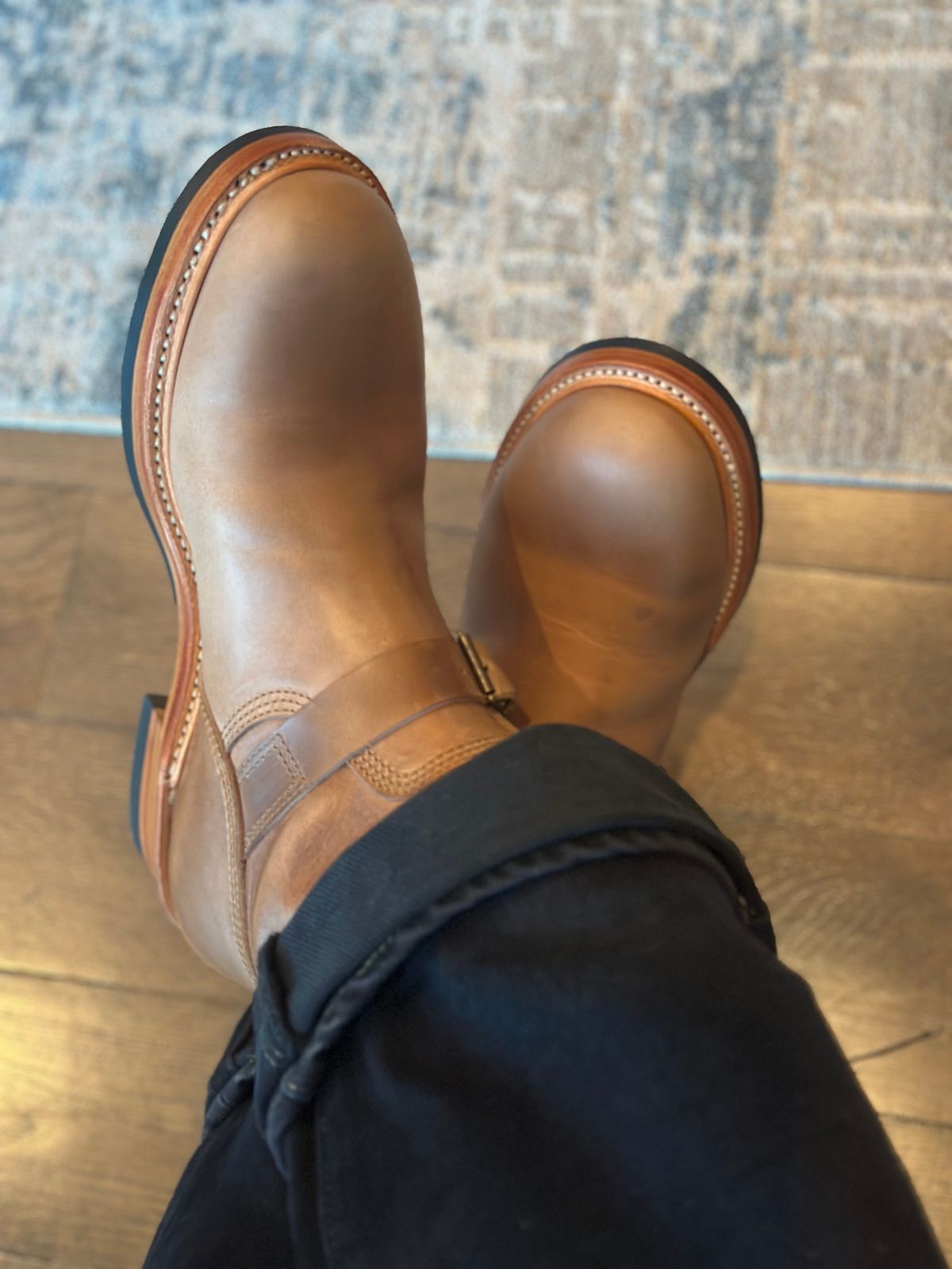 Photo by northsouthdenimguy on February 6, 2026 of the John Lofgren Wabash Engineer Boots in Horween Natural Chromexcel.