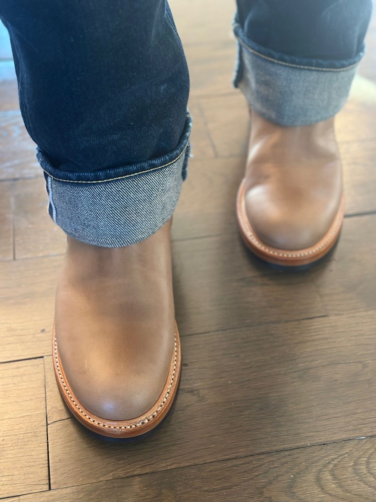 Photo by northsouthdenimguy on February 6, 2026 of the John Lofgren Wabash Engineer Boots in Horween Natural Chromexcel.