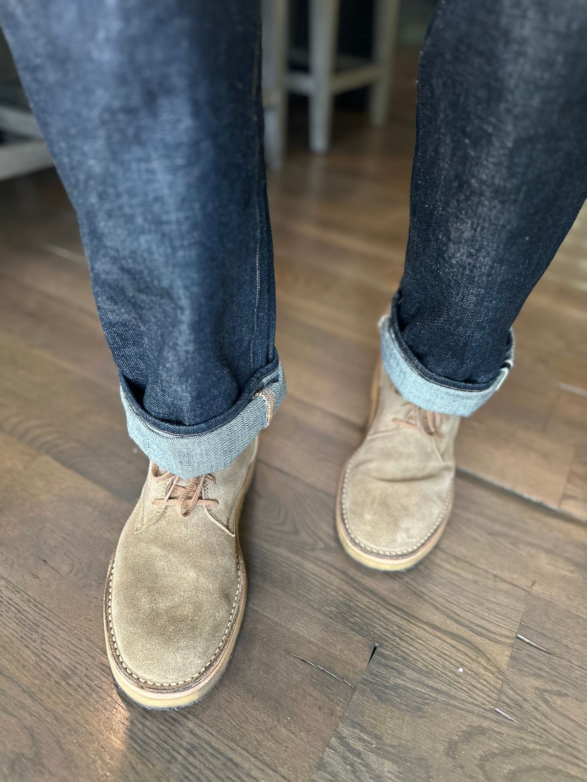 Photo by northsouthdenimguy on August 15, 2025 of the John Lofgren Sahara Tall Desert Boot in Japanese Suede Khaki.
