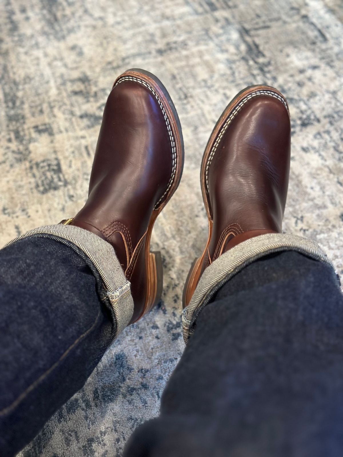 Photo by northsouthdenimguy on August 9, 2024 of the Wesco Mister Lou in Horween Brown Chromexcel.