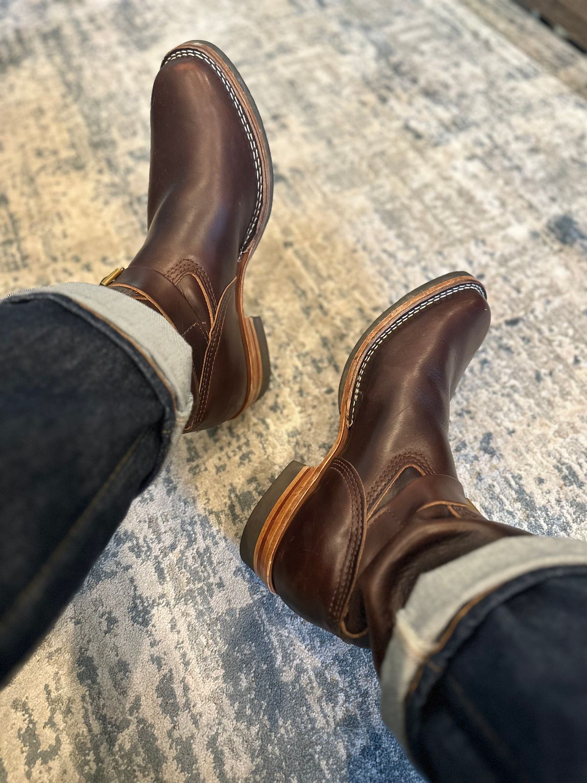 Photo by northsouthdenimguy on September 20, 2024 of the Wesco Mister Lou in Horween Brown Chromexcel.