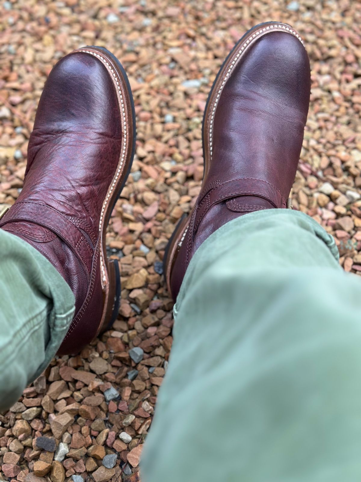 Photo by northsouthdenimguy on July 24, 2024 of the John Lofgren Wabash Engineer Boots in Ezo Shika Deerskin/Burnt Burgundy.