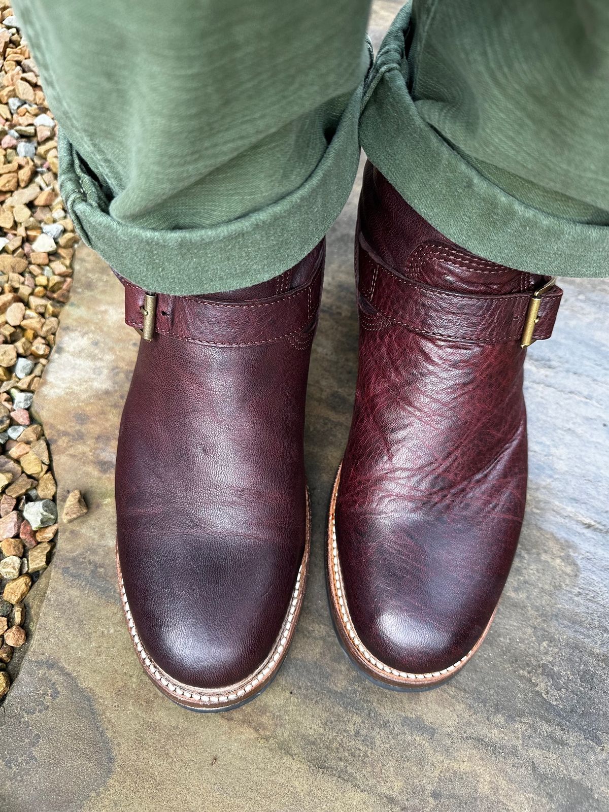 Photo by northsouthdenimguy on July 24, 2024 of the John Lofgren Wabash Engineer Boots in Ezo Shika Deerskin/Burnt Burgundy.