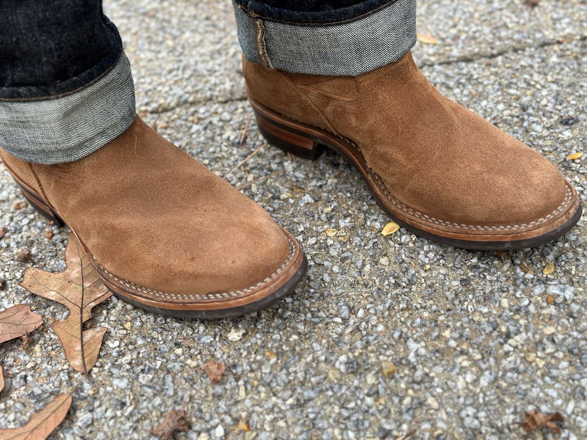 Photo by northsouthdenimguy on November 22, 2023 of the Wesco x Ship John Derroll Boot in Seidel British Tan Domain Roughout.
