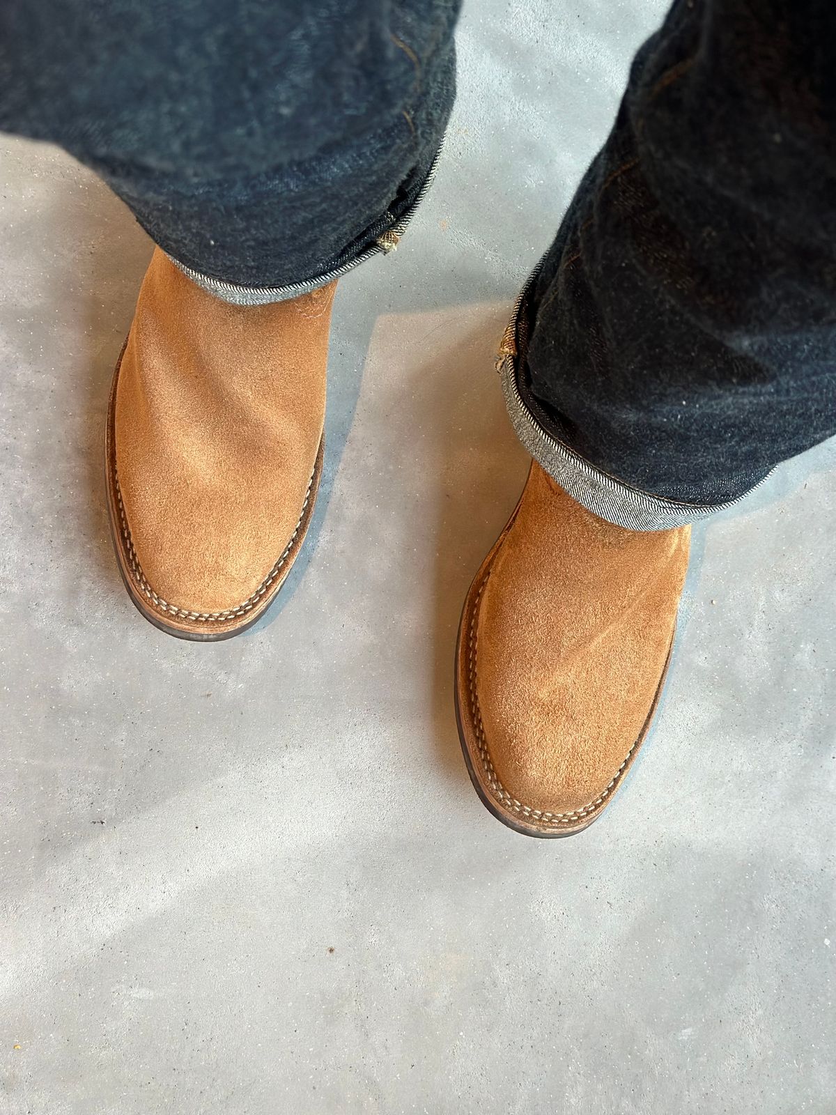 Photo by northsouthdenimguy on January 20, 2024 of the Wesco x Ship John Derroll Boot in Seidel British Tan Domain Roughout.