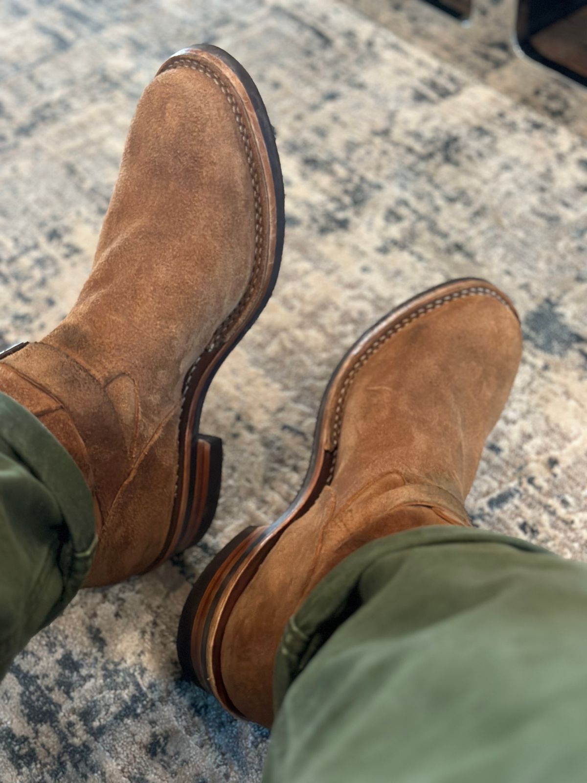 Photo by northsouthdenimguy on June 15, 2024 of the Wesco x Ship John Derroll Boot in Seidel British Tan Domain Roughout.