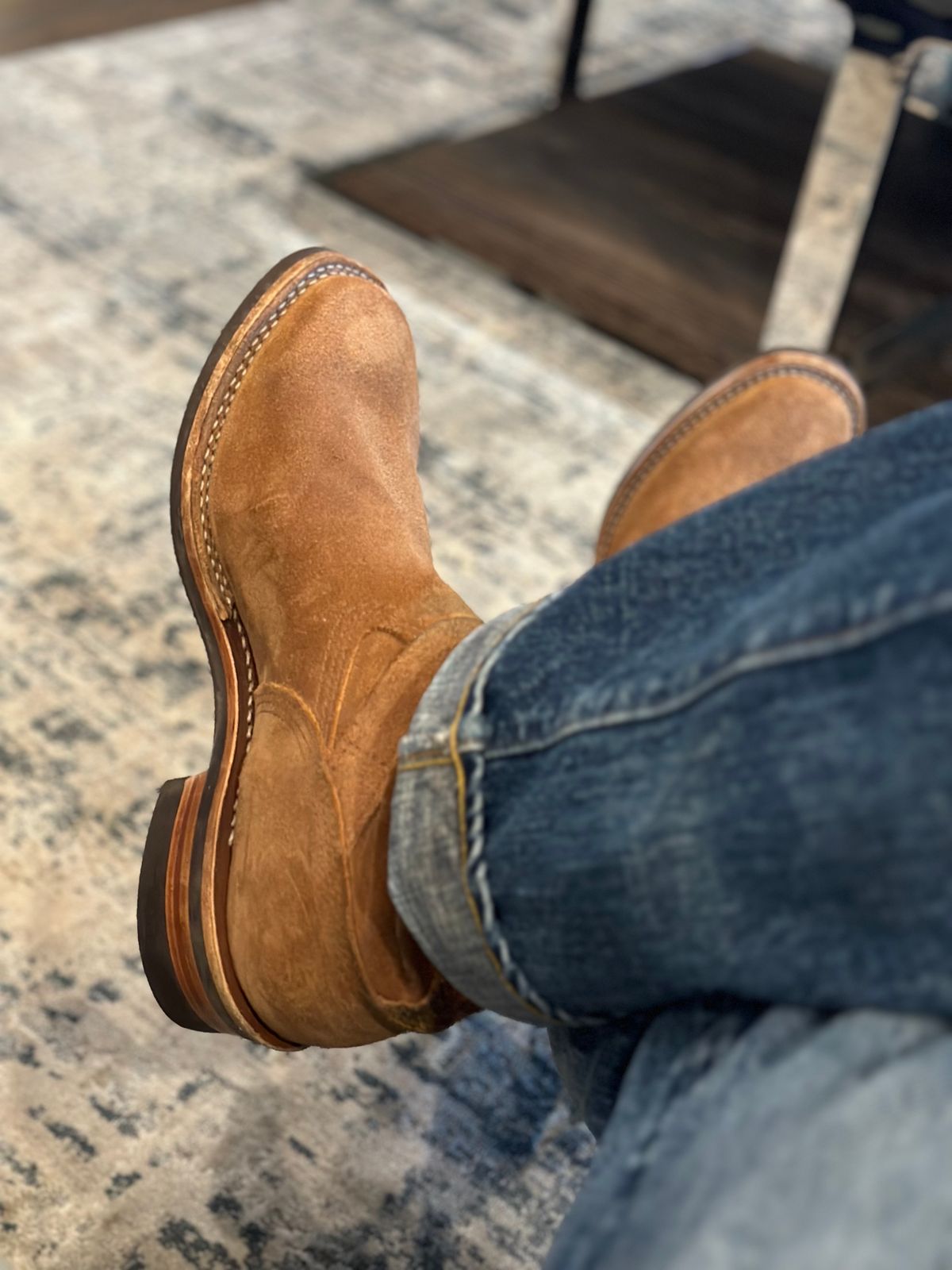 Photo by northsouthdenimguy on August 3, 2024 of the Wesco x Ship John Derroll Boot in Seidel British Tan Domain Roughout.