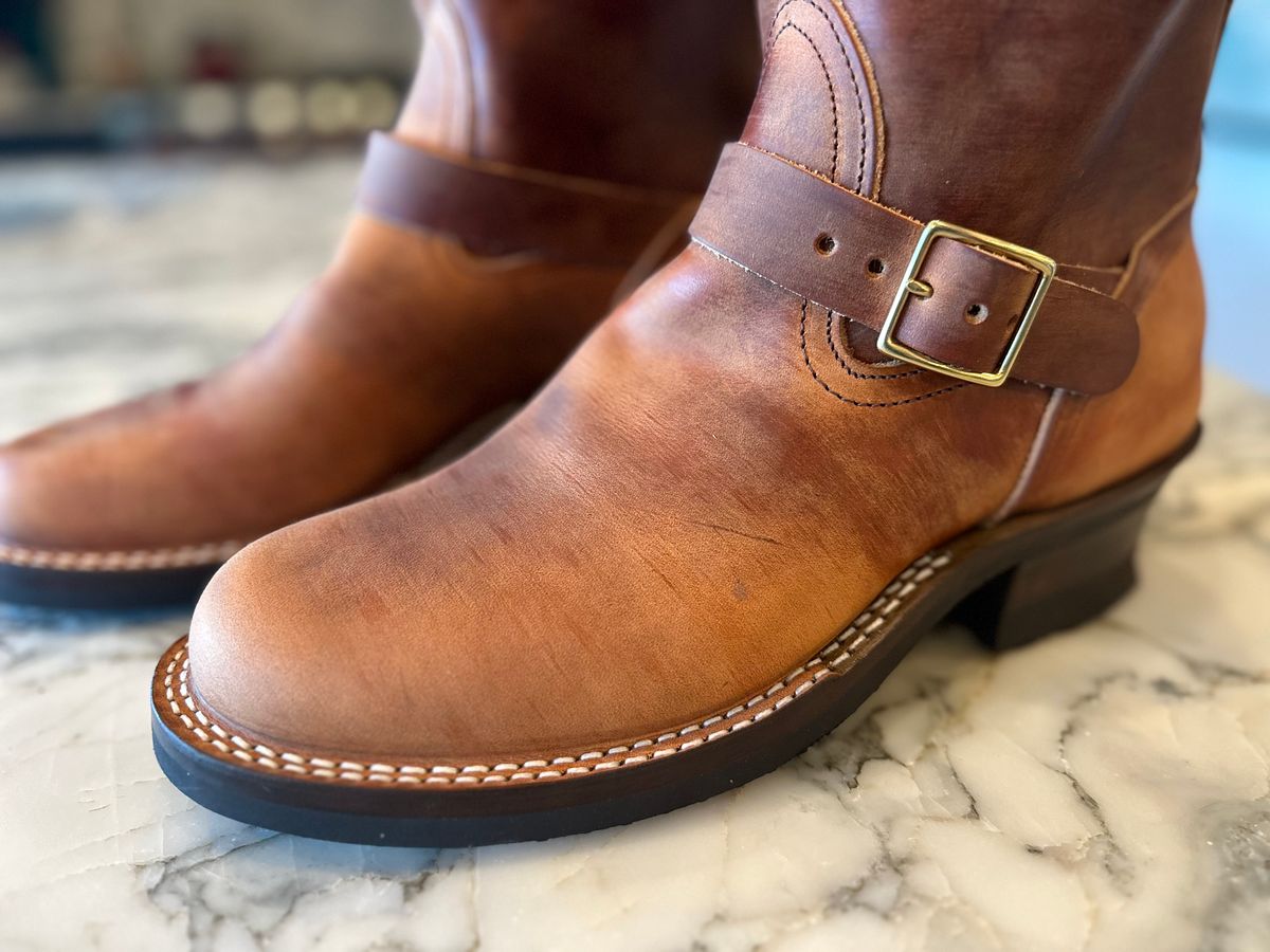 Photo by northsouthdenimguy on March 12, 2026 of the Nicks StationMaster in Wickett & Craig Double Stuffed Tan “Rough Cut”.