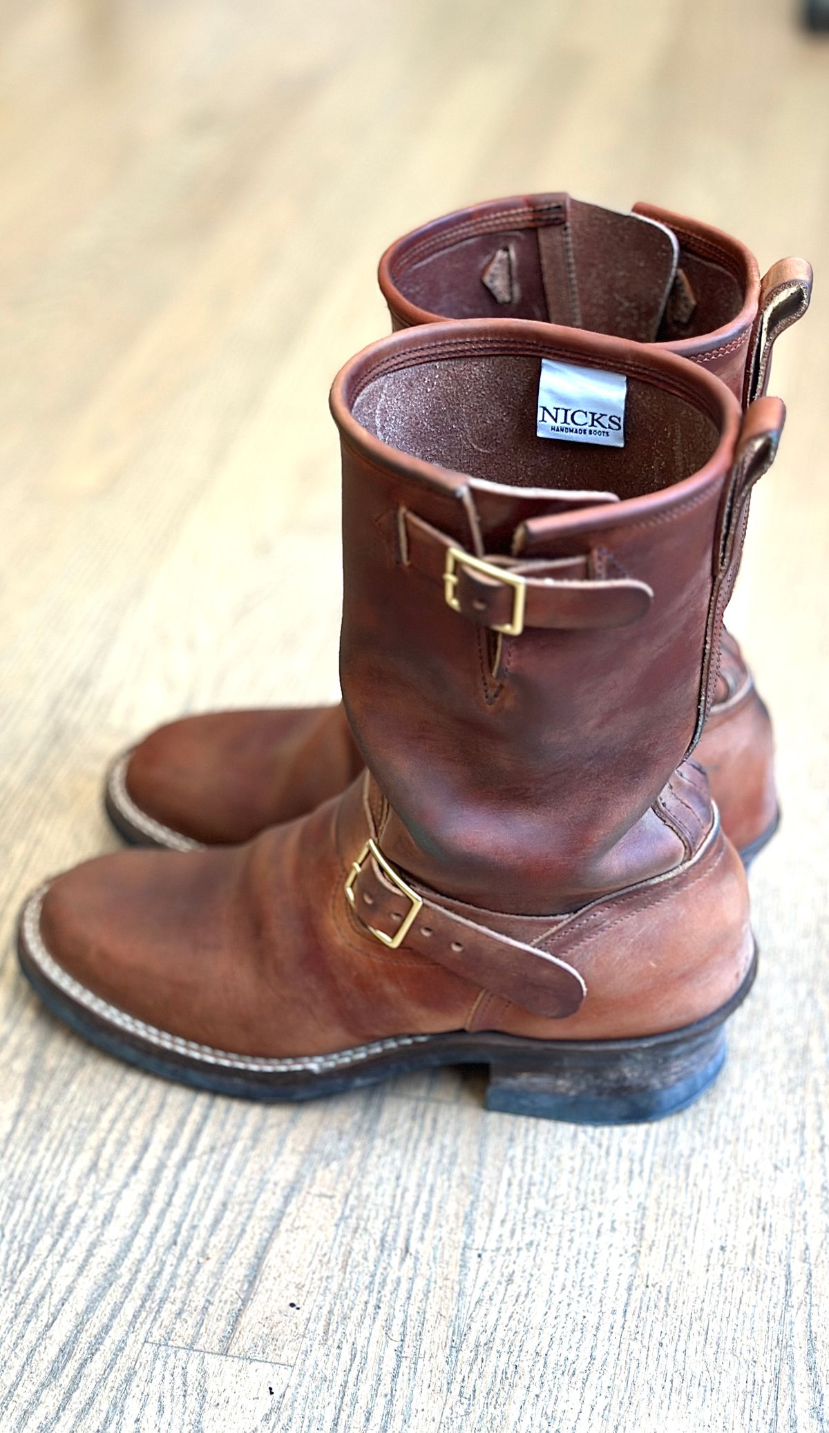 Photo by northsouthdenimguy on April 9, 2026 of the Nicks StationMaster in Wickett & Craig Double Stuffed Tan “Rough Cut”.