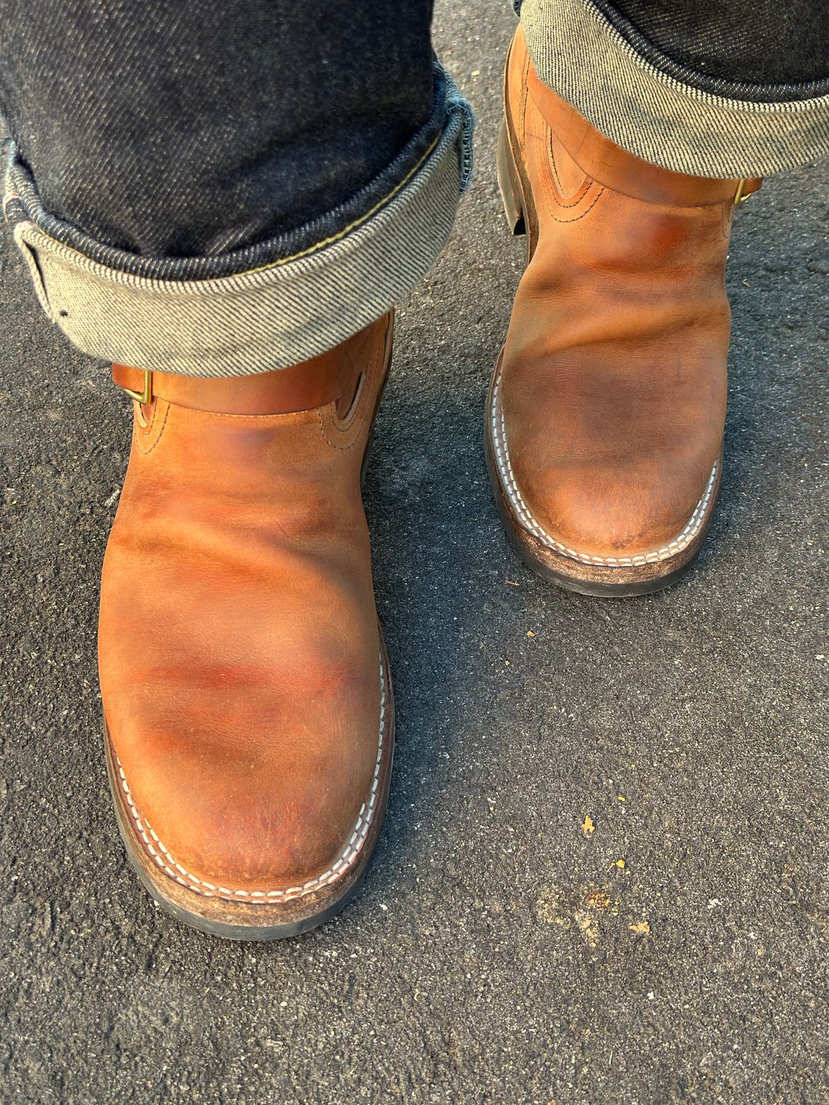 Photo by northsouthdenimguy on April 10, 2026 of the Nicks StationMaster in Wickett & Craig Double Stuffed Tan “Rough Cut”.