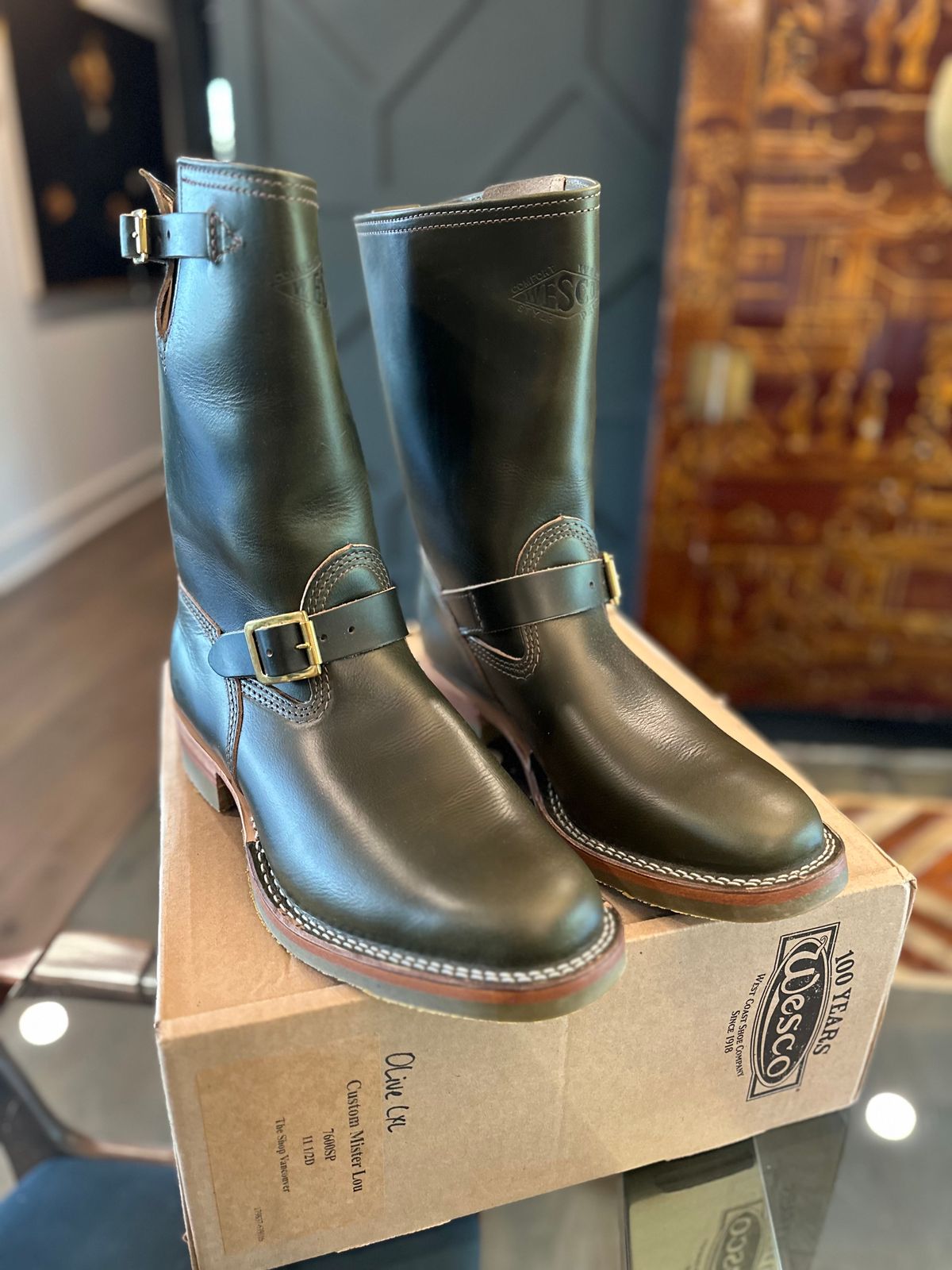 Photo by northsouthdenimguy on April 3, 2025 of the Wesco X The Shop Vancouver Mister Lou in Horween Olive Chromexcel.
