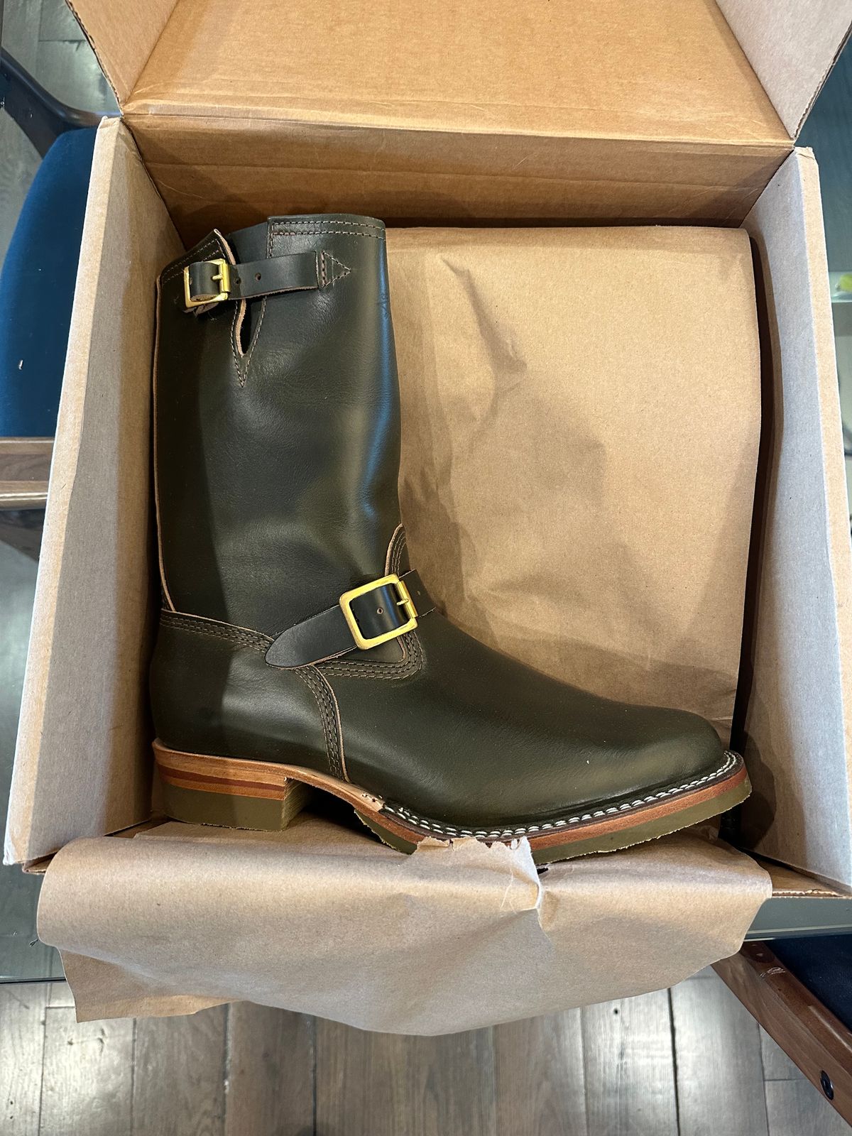 Photo by northsouthdenimguy on April 3, 2025 of the Wesco X The Shop Vancouver Mister Lou in Horween Olive Chromexcel.