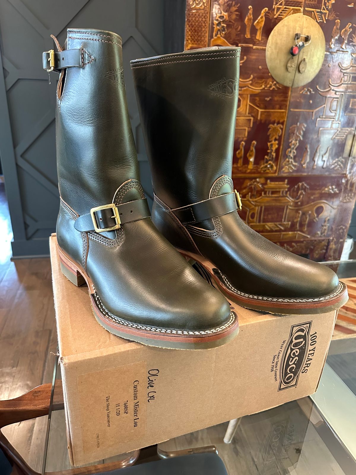 Photo by northsouthdenimguy on April 3, 2025 of the Wesco X The Shop Vancouver Mister Lou in Horween Olive Chromexcel.