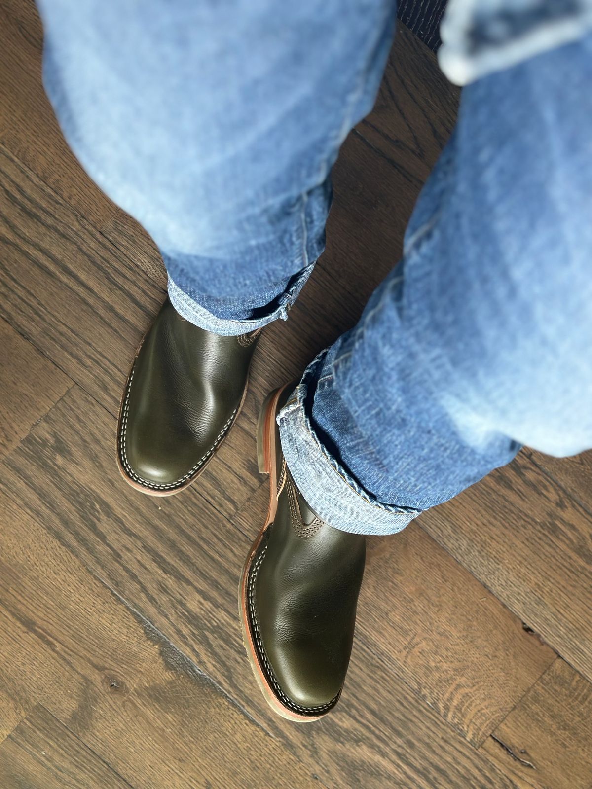 Photo by northsouthdenimguy on April 19, 2025 of the Wesco X The Shop Vancouver Mister Lou in Horween Olive Chromexcel.