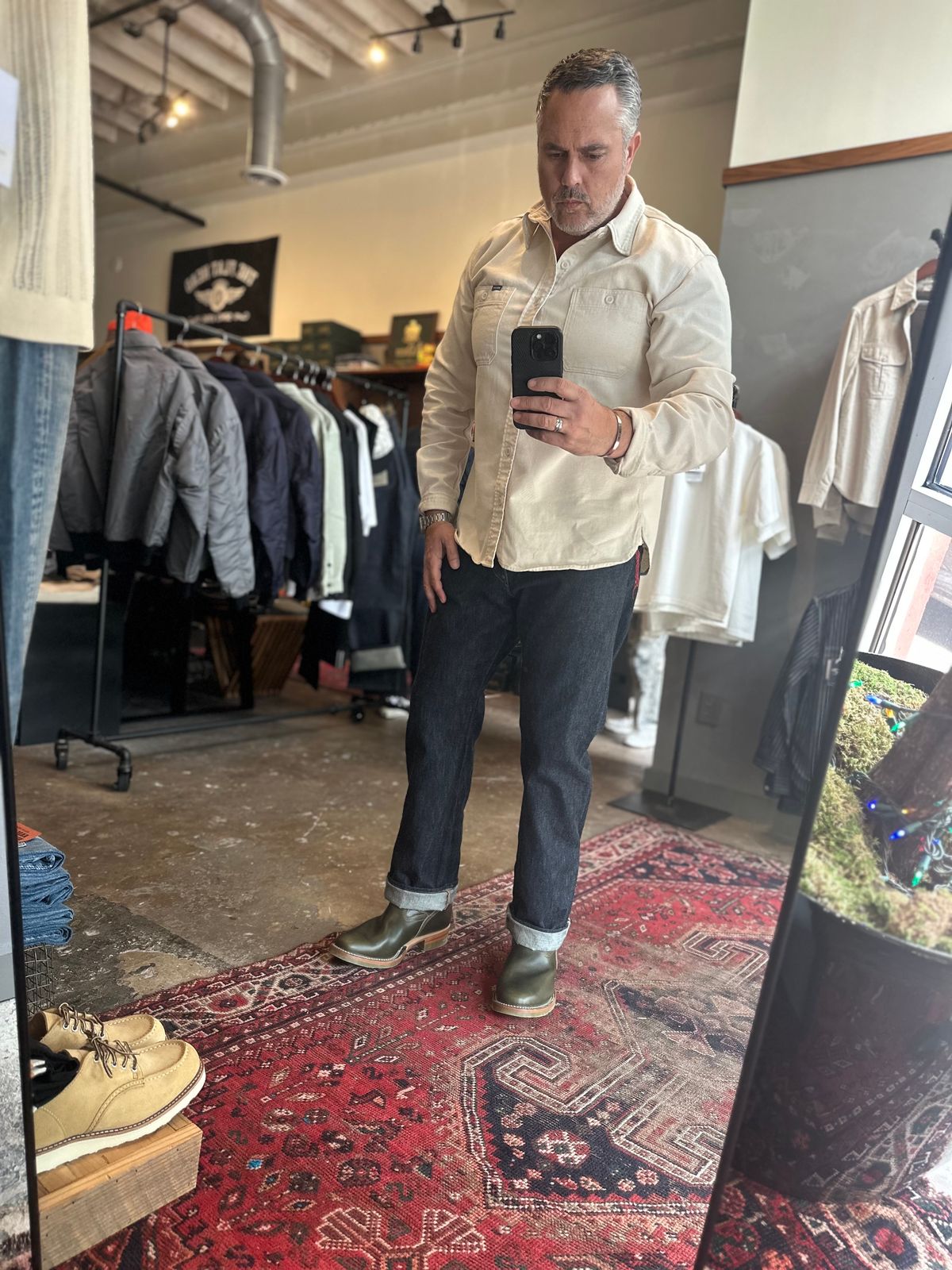 Photo by northsouthdenimguy on April 5, 2025 of the Wesco X The Shop Vancouver Mister Lou in Horween Olive Chromexcel.