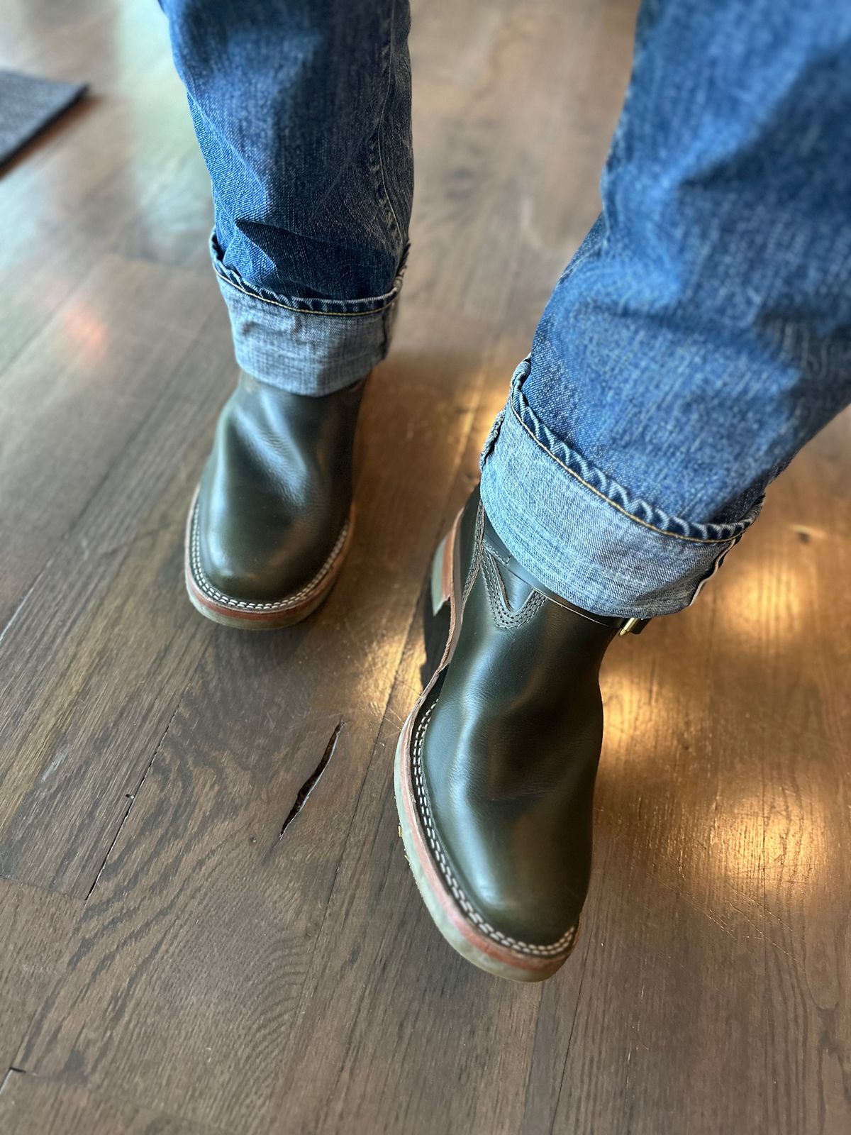 Photo by northsouthdenimguy on September 19, 2025 of the Wesco X The Shop Vancouver Mister Lou in Horween Olive Chromexcel.