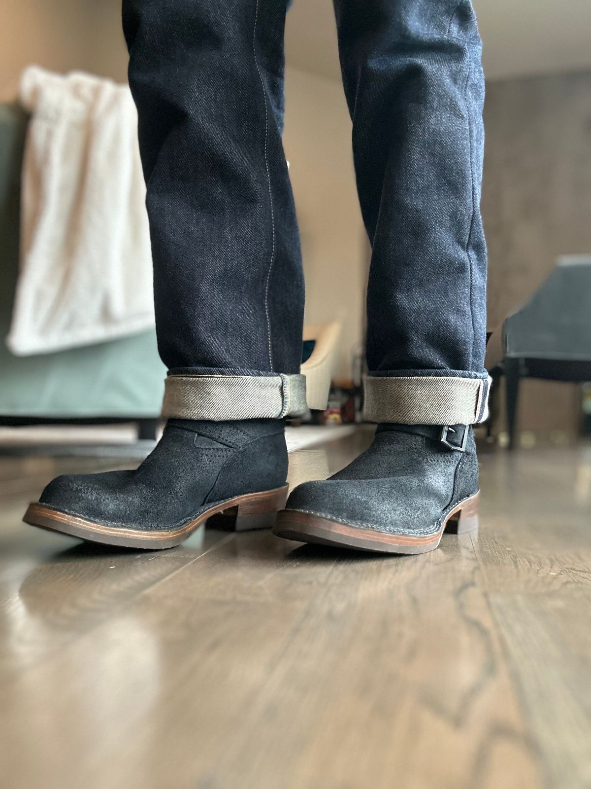 Photo by northsouthdenimguy on March 29, 2025 of the Wesco X Iron Shop Provisions Boss in Seidel Black Oil Tan Roughout.