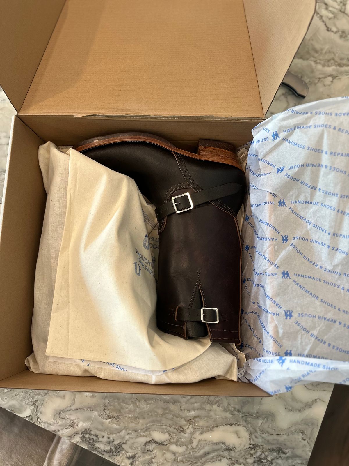 Photo by northsouthdenimguy on July 23, 2025 of the Unsung U 22-2 Engineer Boot in Horween Dark Brown Waxed Flesh & Grain Side Horween DarknBrown waxed flesh Overdyed Dark Brown.