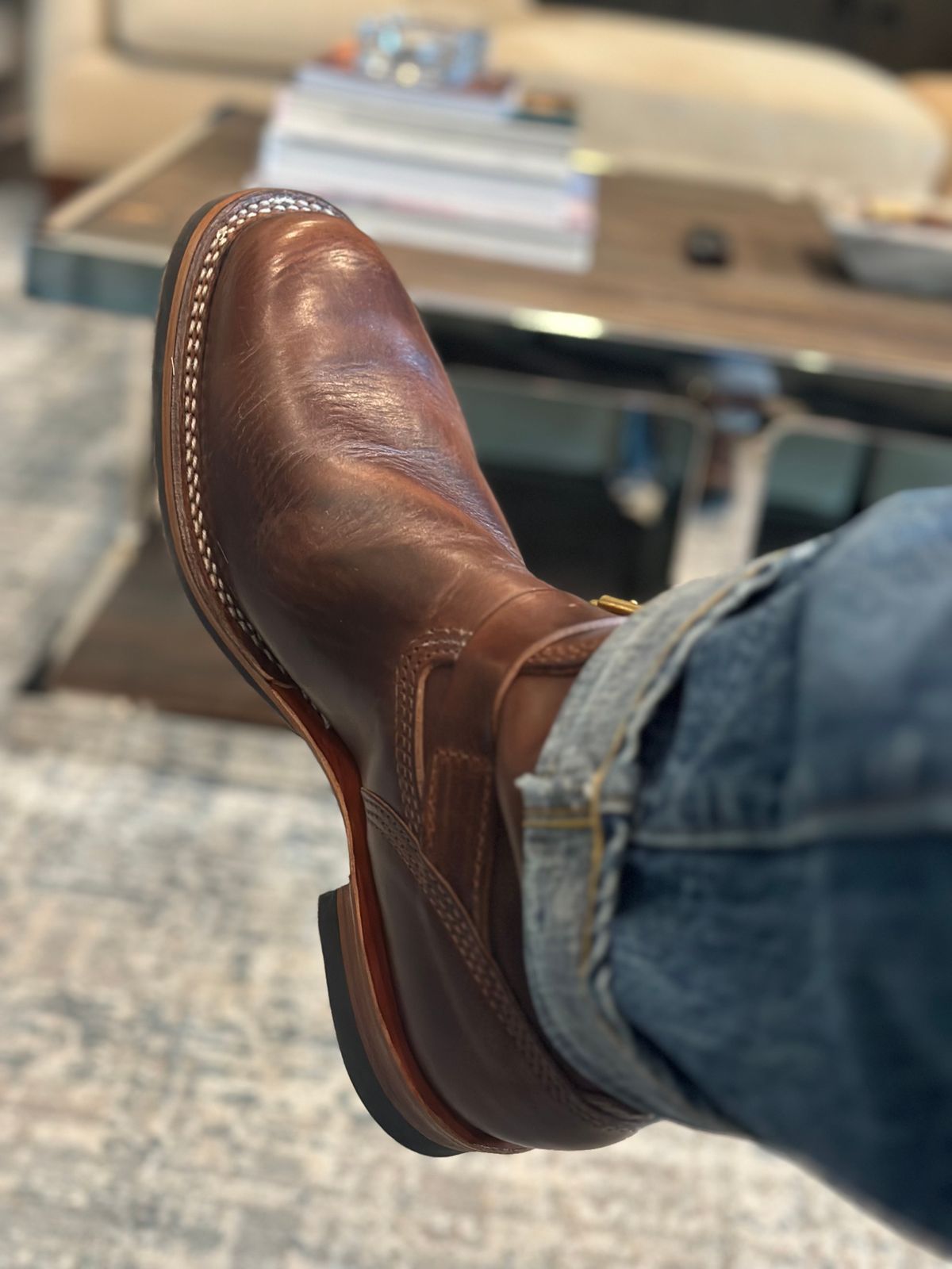 Photo by northsouthdenimguy on July 19, 2025 of the Wesco Mister Lou in Horween Brown Chromexcel Horsehide.