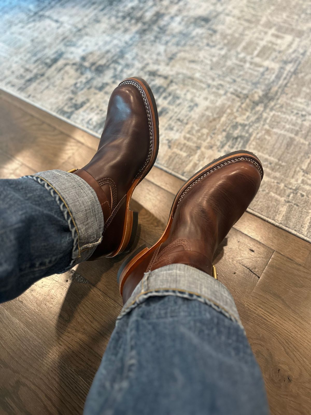 Photo by northsouthdenimguy on July 19, 2025 of the Wesco Mister Lou in Horween Brown Chromexcel Horsehide.